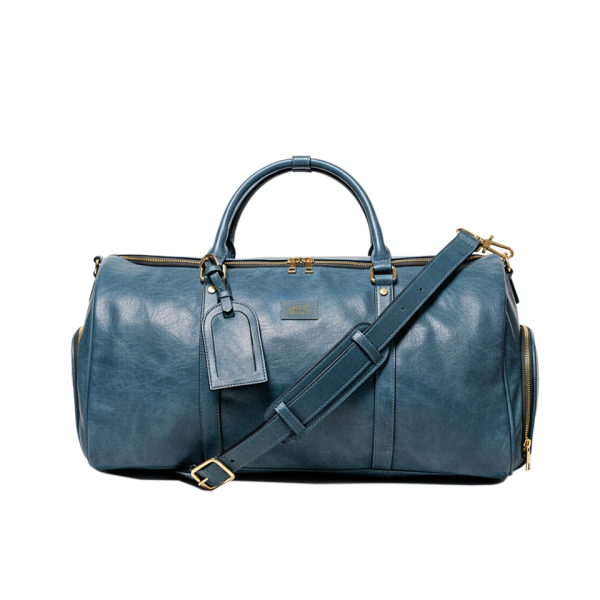 Blue Distressed Leather Weekender Duffle Bag