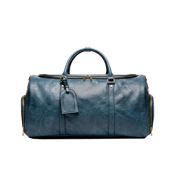 Distressed Blue Leather Weekender Duffle Bag