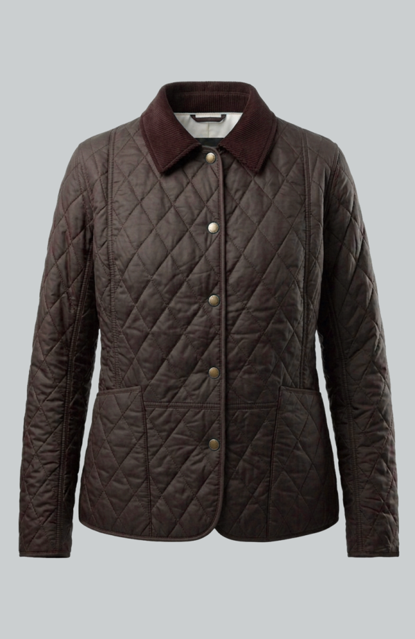 Womens Quilted Brown Jacket With Button Closure
