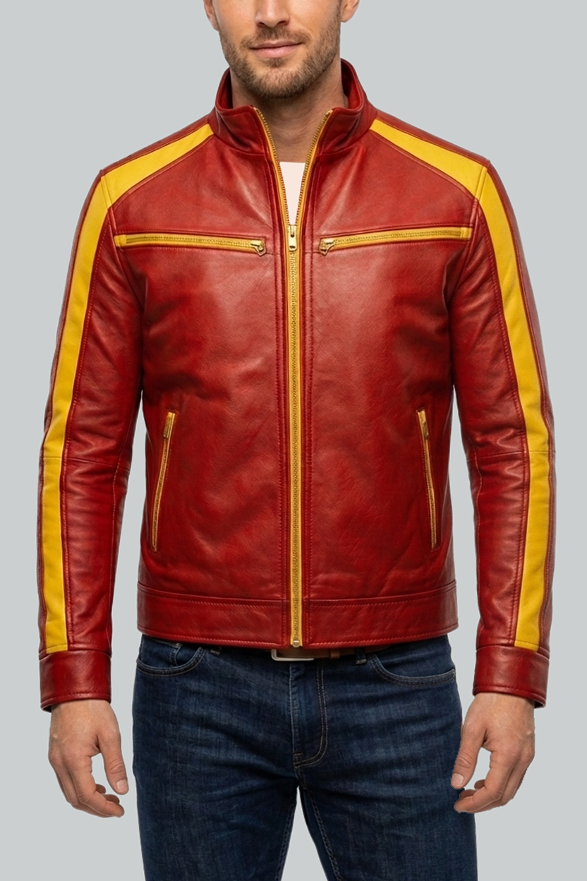 Men Yellow Stripe Red Biker Leather Jacket