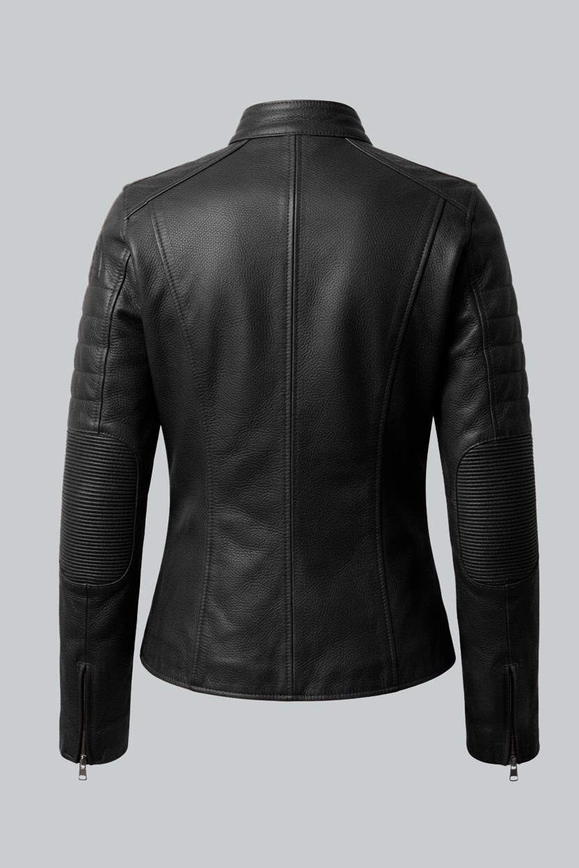 Black Cafe Womens Racer Leather Jacket - Back View Black Cafe Womens Racer Leather Jacket - Back View