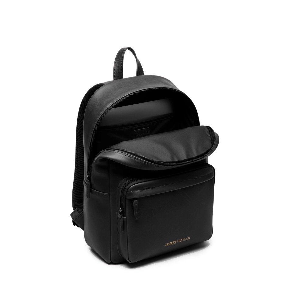 Classic Black Leather Backpack With Front Zip Pocket Top Open View Classic Black Leather Backpack With Front Zip Pocket Top Open View