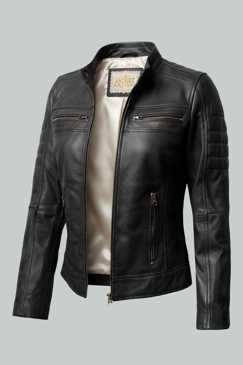 Leather Racer Black Cafe Womens Jacket - Open Front View Leather Racer Black Cafe Womens Jacket - Open Front View