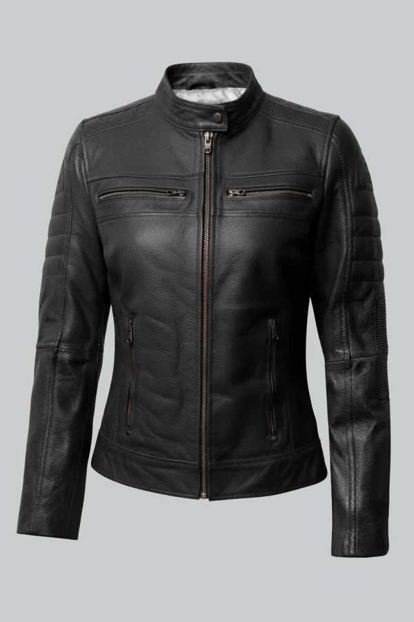 Womens Black Cafe Racer Leather Jacket - Front View