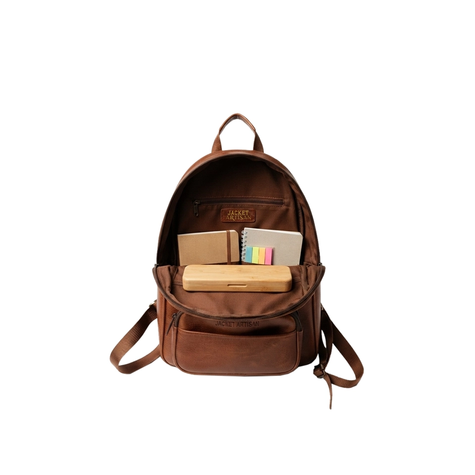 Women's Brown Leather Shoulder Backpack For School Top View Women's Brown Leather Shoulder Backpack For School Top View