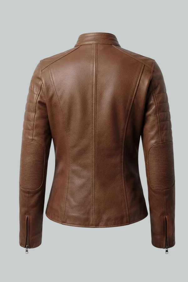 Women's Tan Brown Cafe Racer Leather Jacket Back View