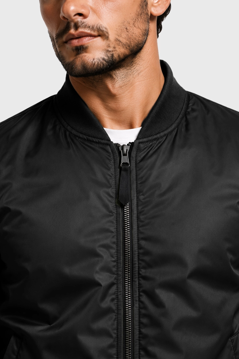 Men’s Black Zip-Up Flight Bomber Jacket Front Close View Men’s Black Zip-Up Flight Bomber Jacket Front Close View