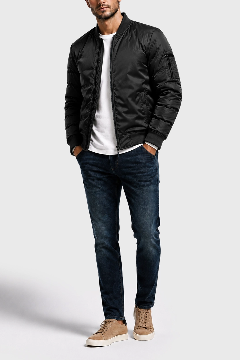Men’s Black Zip-Up Flight Bomber Jacket Front Full View