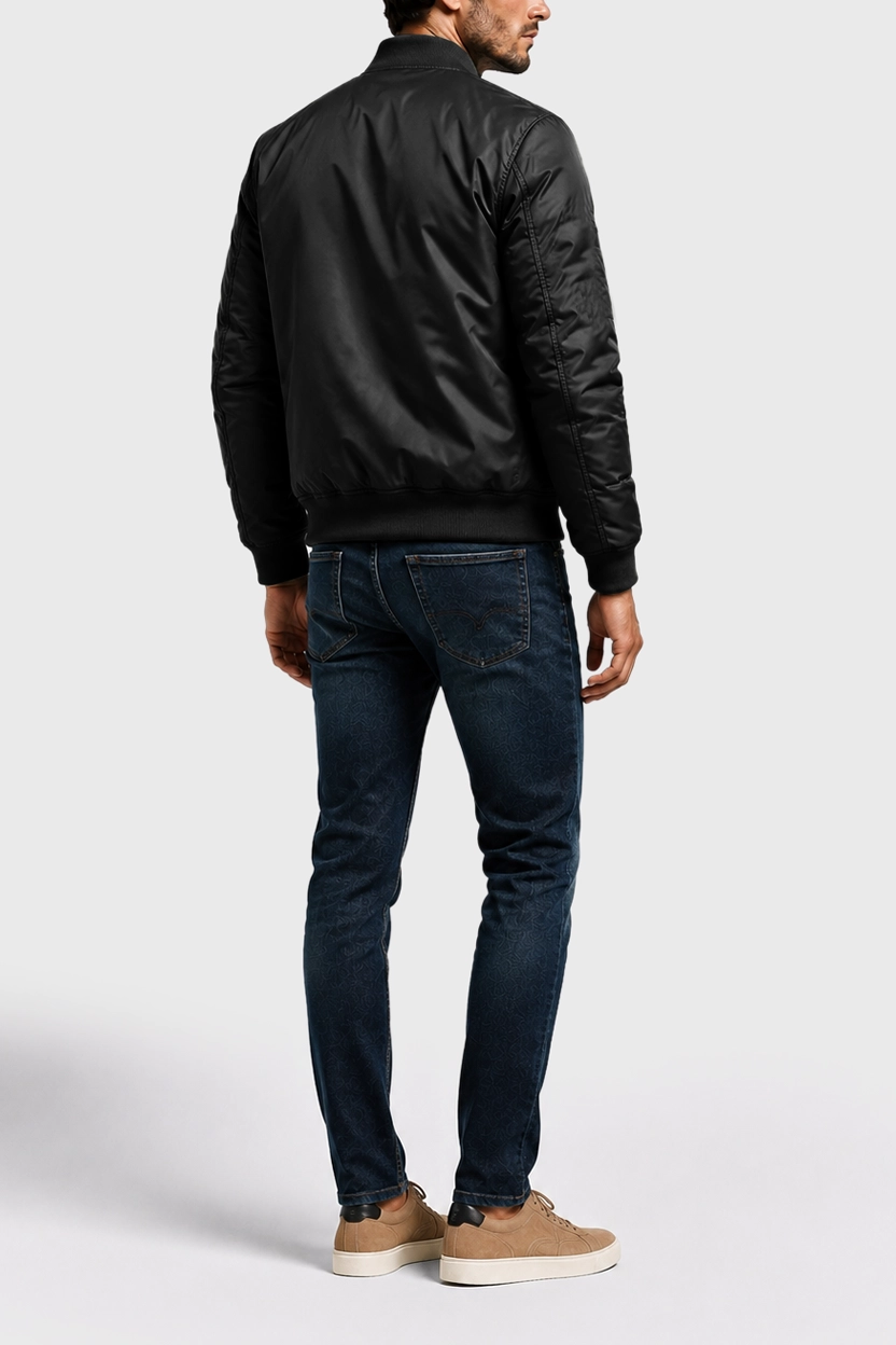Men’s Black Zip-Up Flight Bomber Jacket Model Back View Men’s Black Zip-Up Flight Bomber Jacket Model Back View