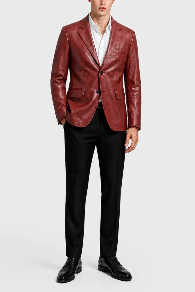 Men's Classic Two-Button Red Real Leather Blazer Front Full View
