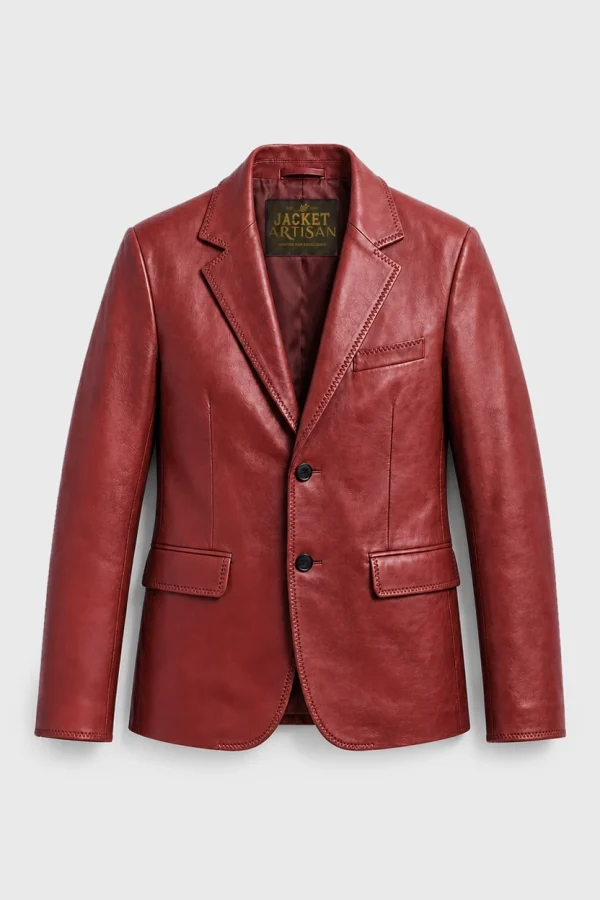 Men's Classic Two-Button Red Real Leather Blazer Front View