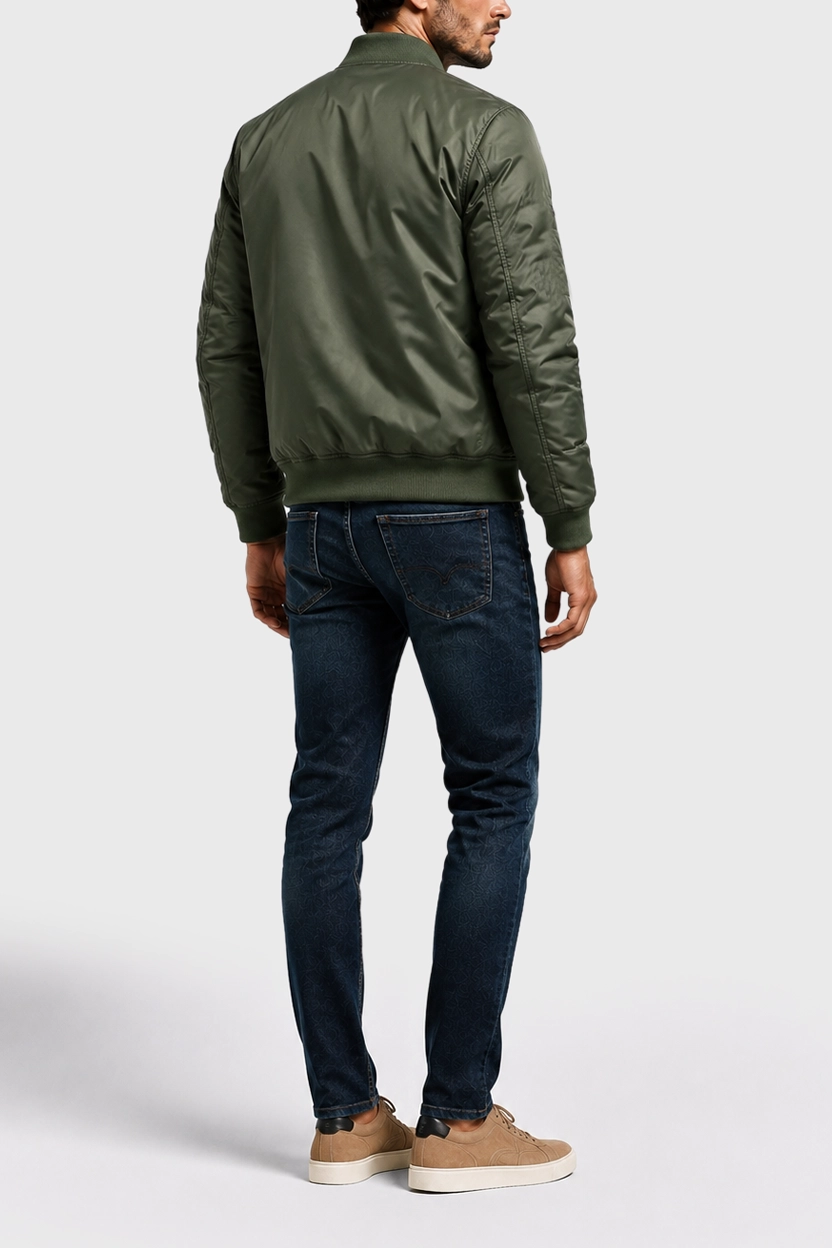 Men’s Green Zip-Up Flight Bomber Jacket Model Back View Men’s Green Zip-Up Flight Bomber Jacket Model Back View