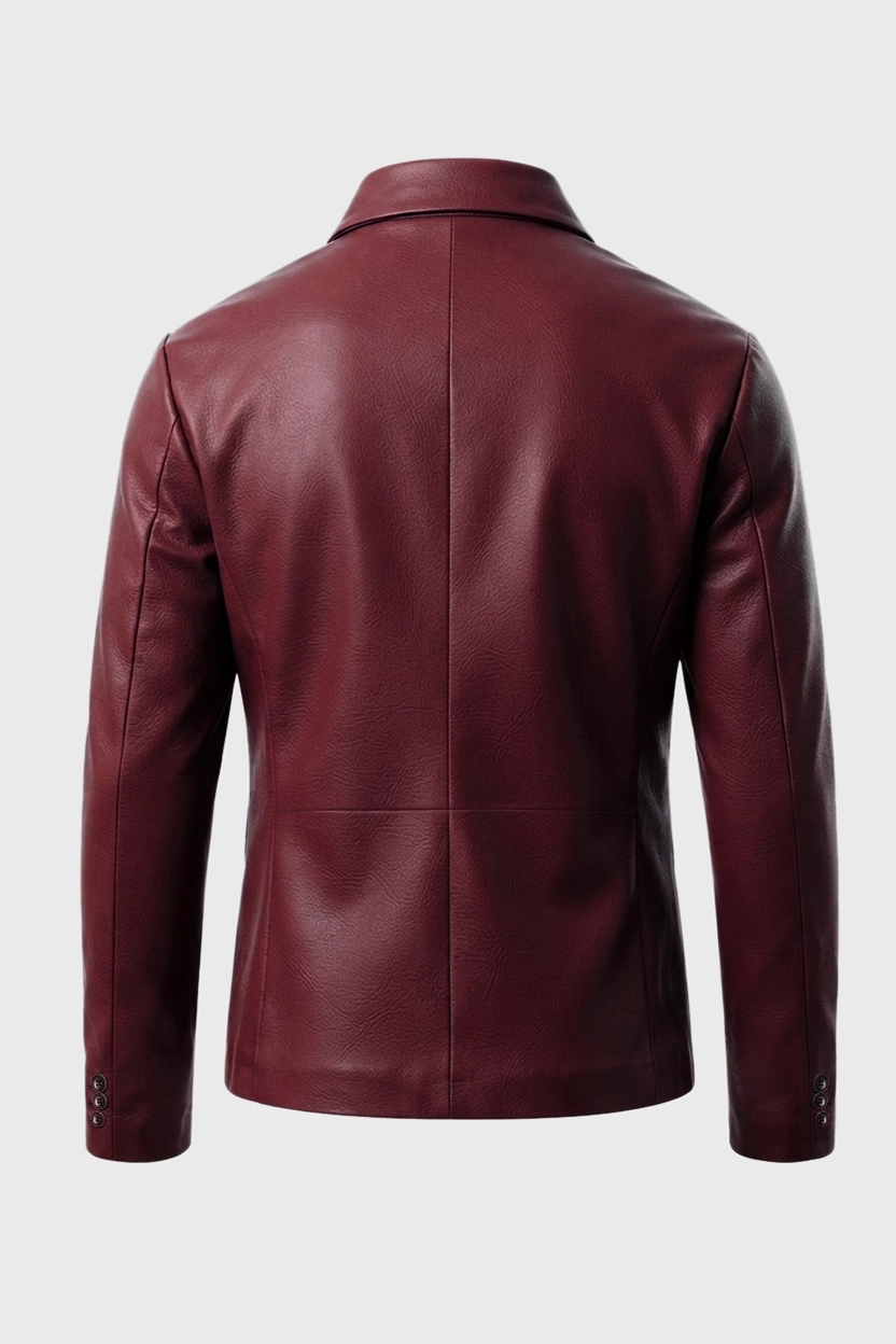 Men's Maroon Double Breasted Leather Blazer Back View Men's Maroon Double Breasted Leather Blazer Back View