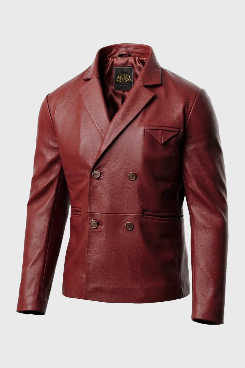 Men's Red Double Breasted Leather Blazer Front Side View Men's Red Double Breasted Leather Blazer Front Side View