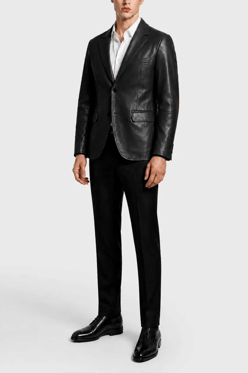 Two Button Men Black Real Leather Blazer Two Button Men Black Real Leather Blazer
