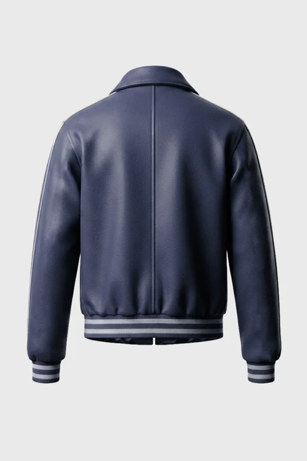 Women's Blue Leather Varsity Jacket Back View