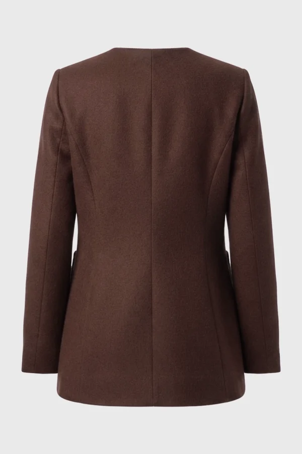 Women's Brown Collarless Wool Jacket Back View