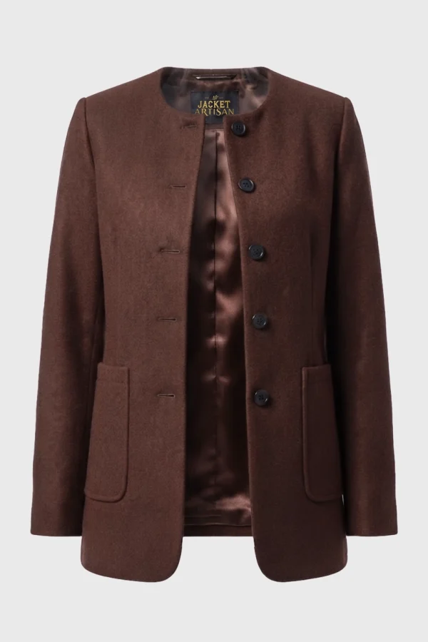 Women's Brown Collarless Wool Jacket Front View