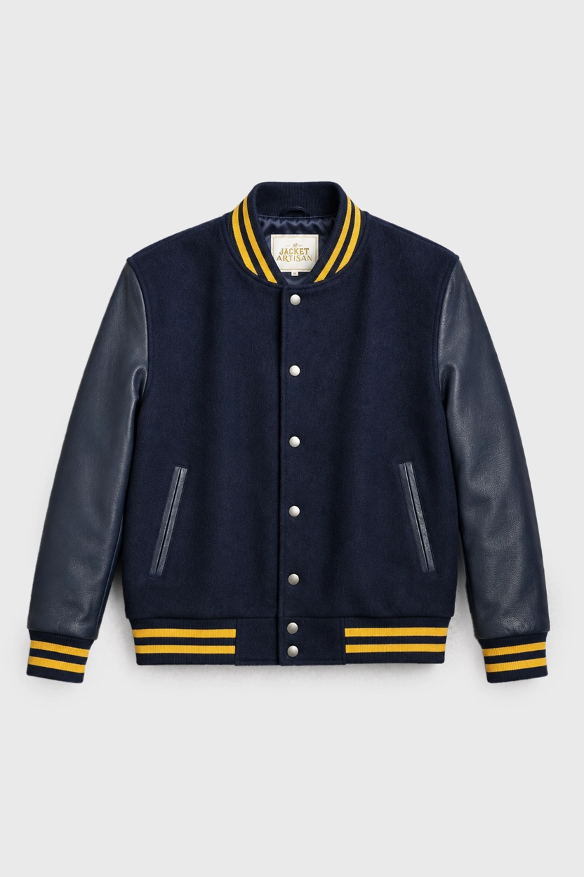 Women’s Deep Blue Classic Varsity Leather Jacket Front Full View Women’s Deep Blue Classic Varsity Leather Jacket Front Full View