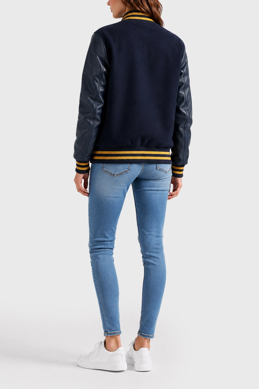 Women’s Deep Blue Classic Varsity Leather Jacket Model Back View Women’s Deep Blue Classic Varsity Leather Jacket Model Back View