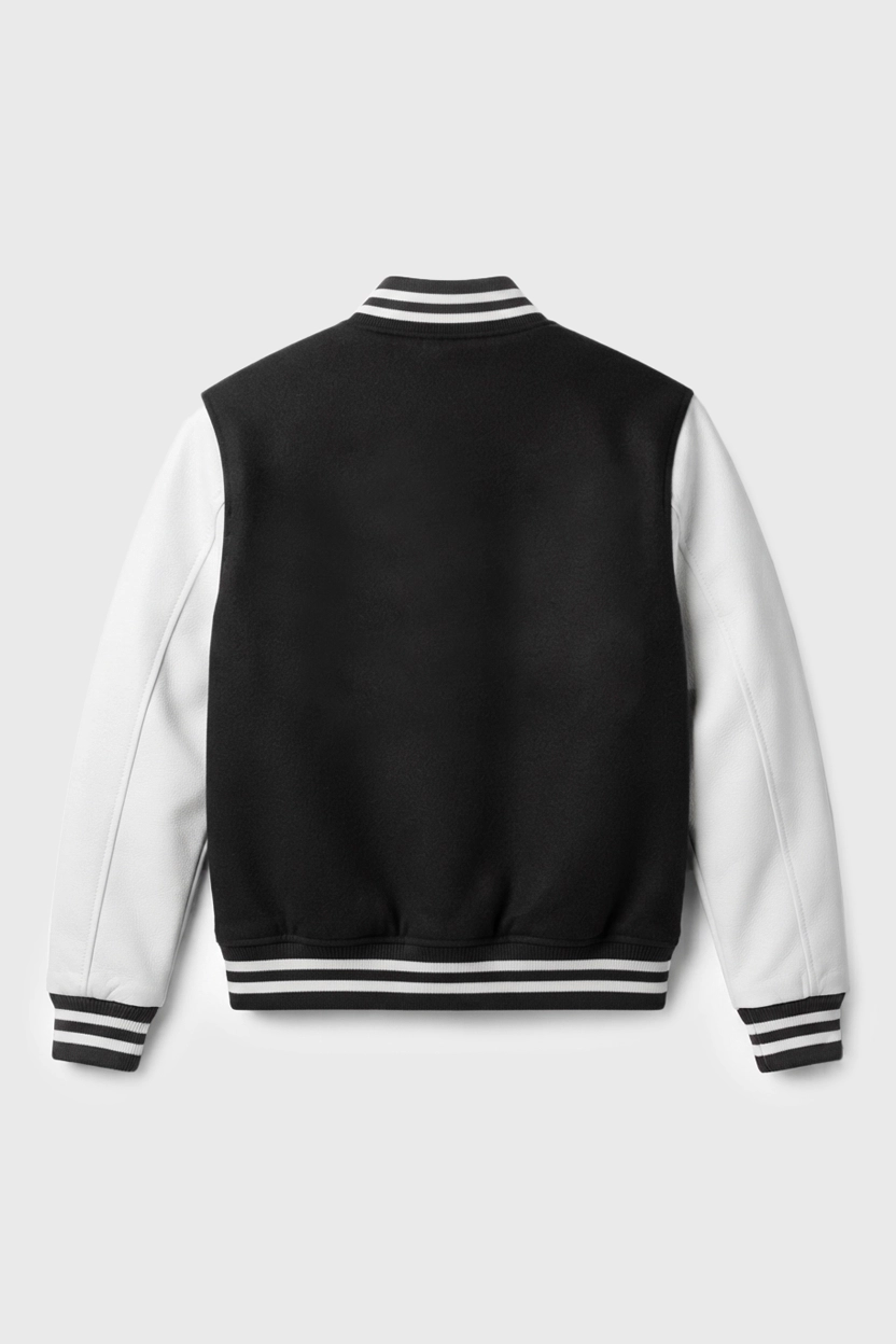 Women's Elite Black & White Varsity Jacket Back View Women's Elite Black & White Varsity Jacket Back View