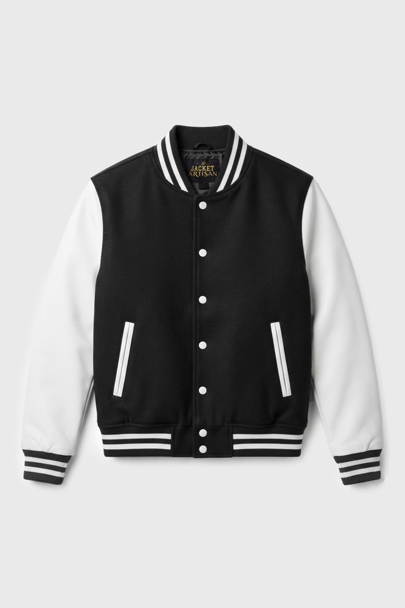 Women's Elite Black & White Varsity Jacket Front View Women's Elite Black & White Varsity Jacket Front View