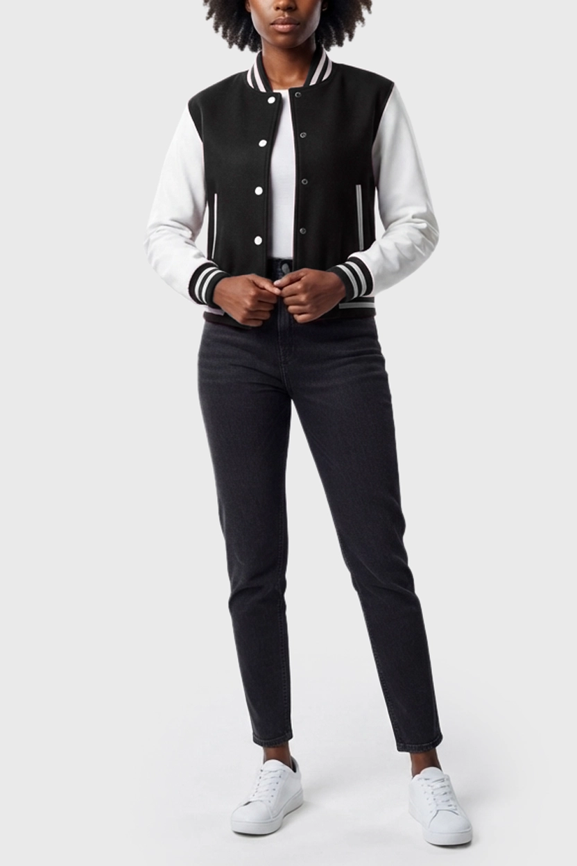 Women's Elite Black & White Varsity Jacket Model Front Full View Women's Elite Black & White Varsity Jacket Model Front Full View