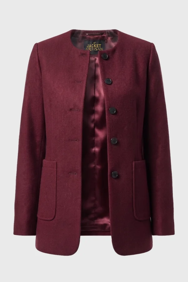 Women's Maroon Collarless Wool Jacket Front View