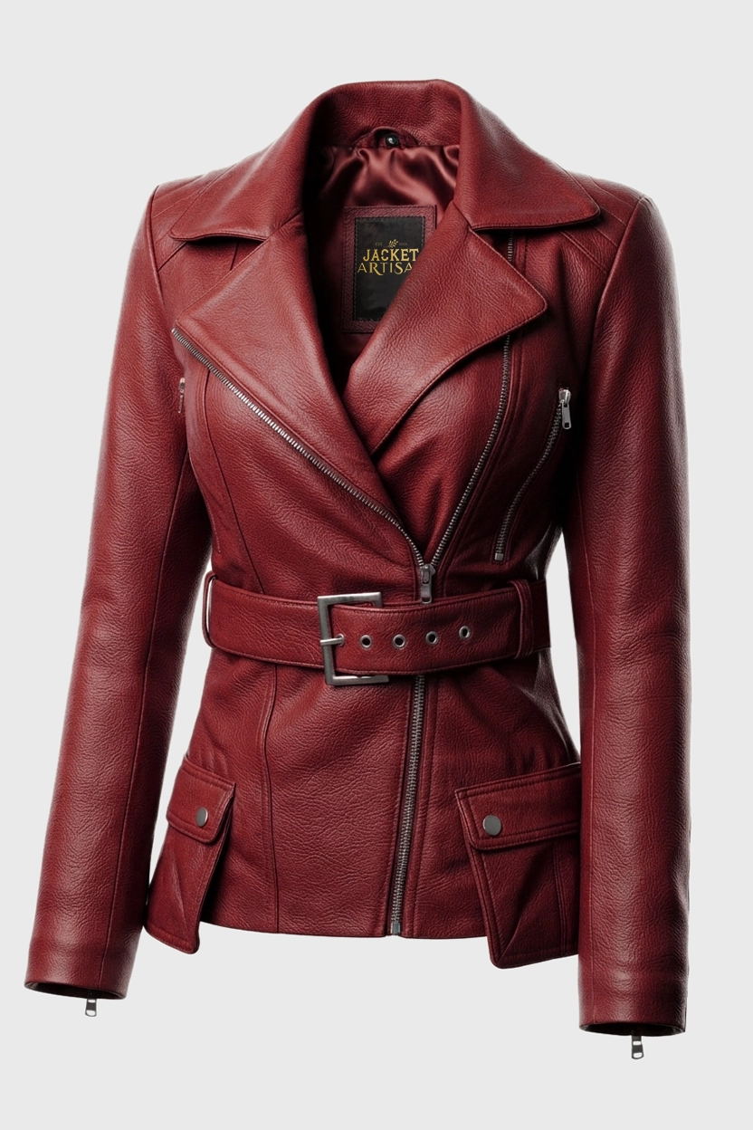 Women's Red Asymmetrical Leather Biker Jacket Front Side View Women's Red Asymmetrical Leather Biker Jacket Front Side View