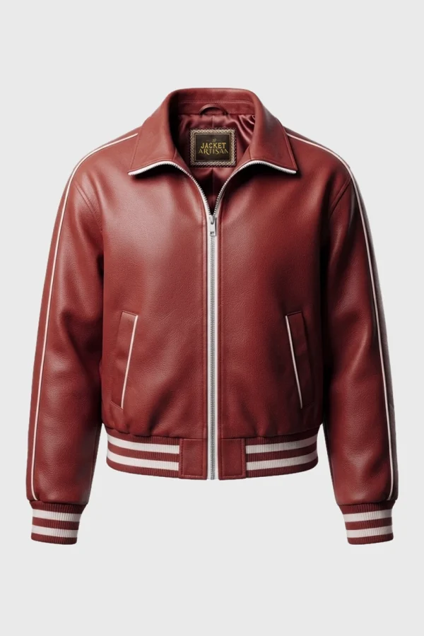 Women's Red Leather Varsity Jacket Front View