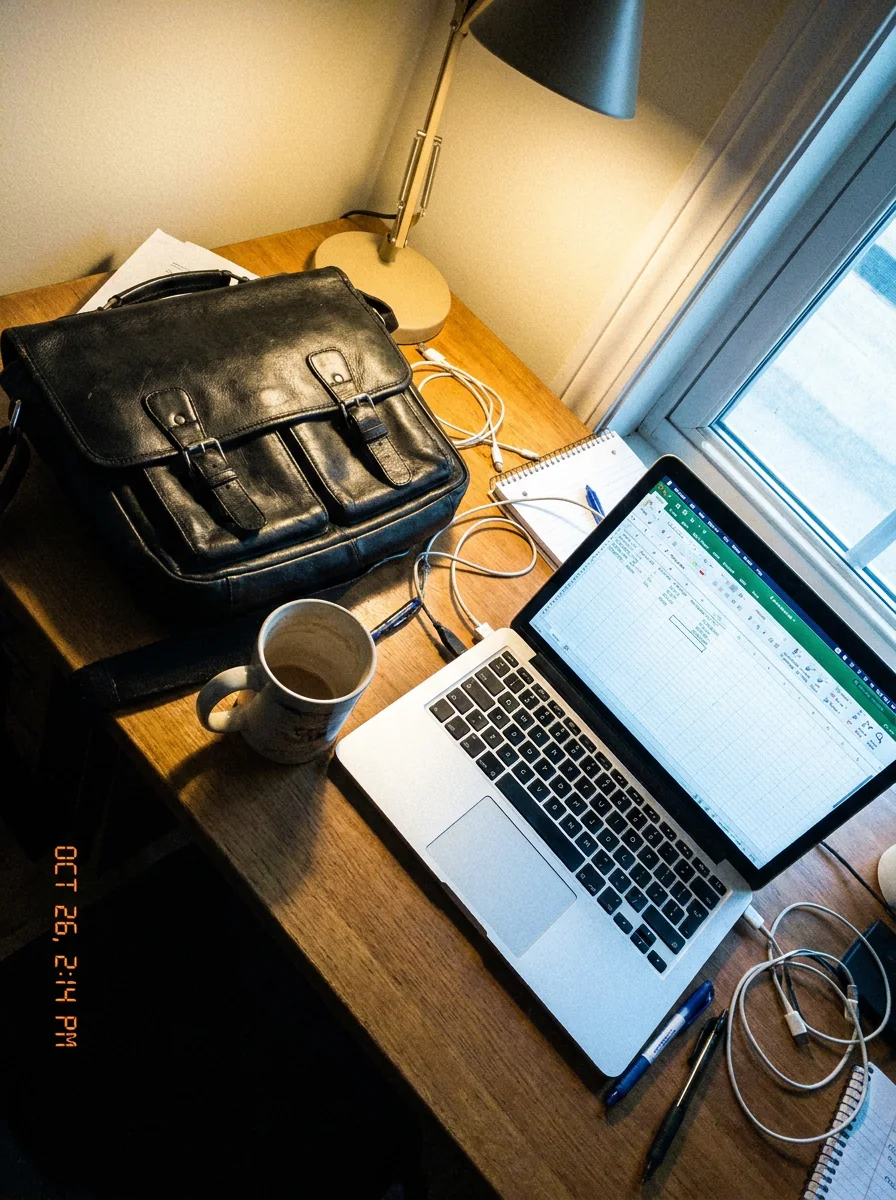 Black leather satchel beside a laptop
