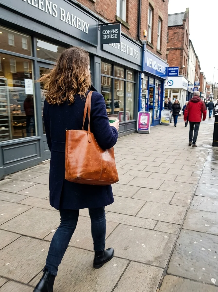Woman carrying a cognac leather tote