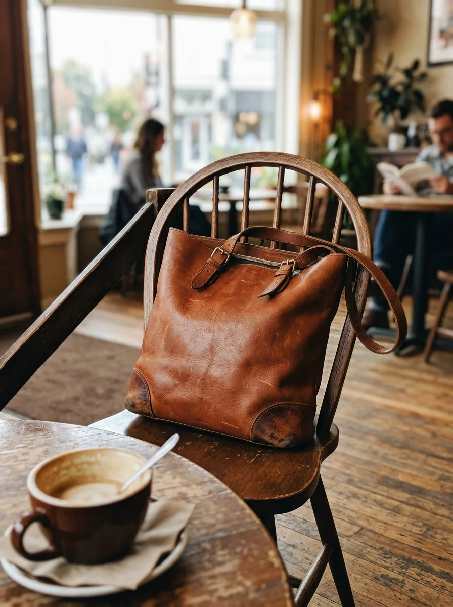 Cognac leather tote on a cafe chair