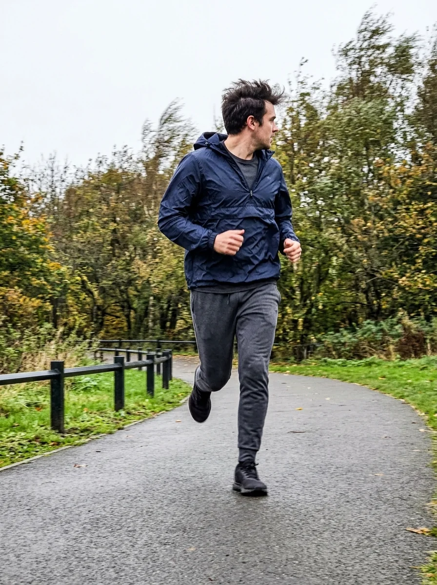 Man running in a navy hooded jacket