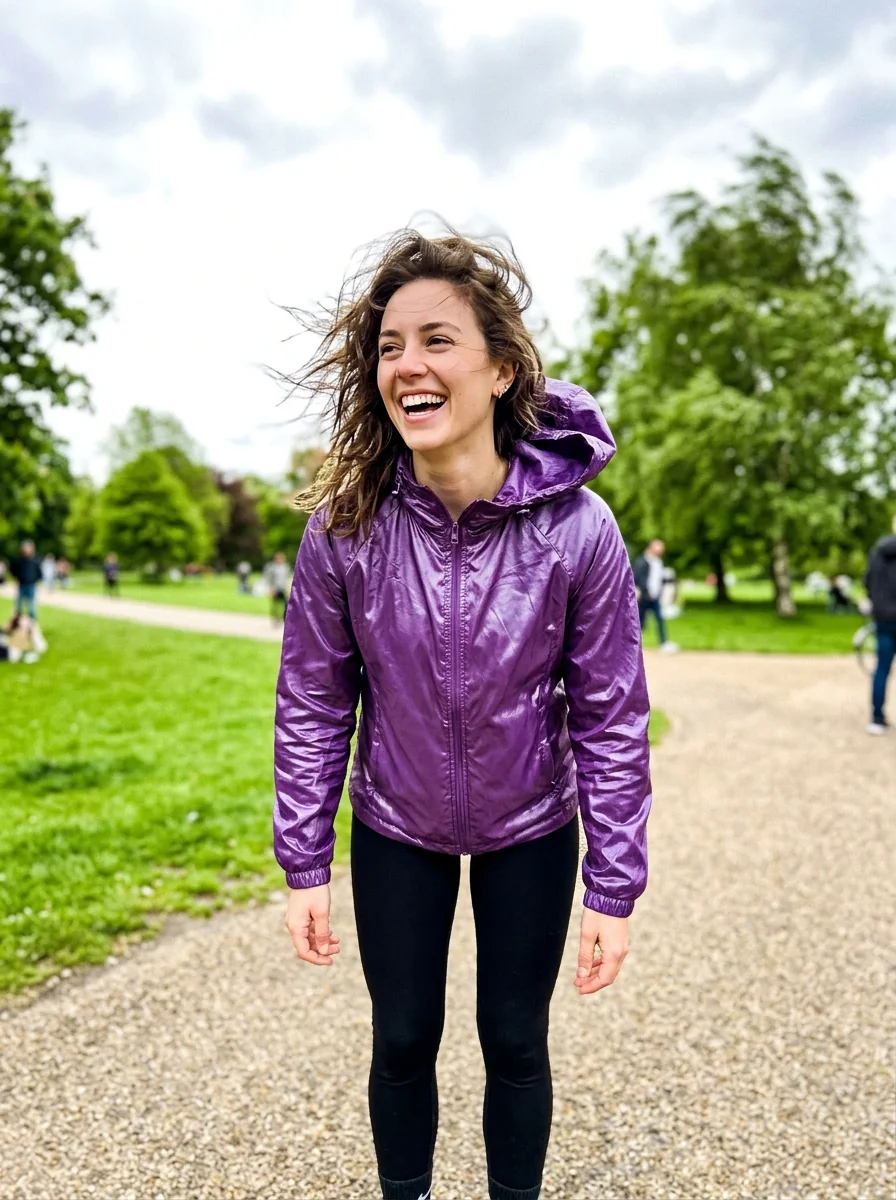 Woman wearing a purple hooded jacket