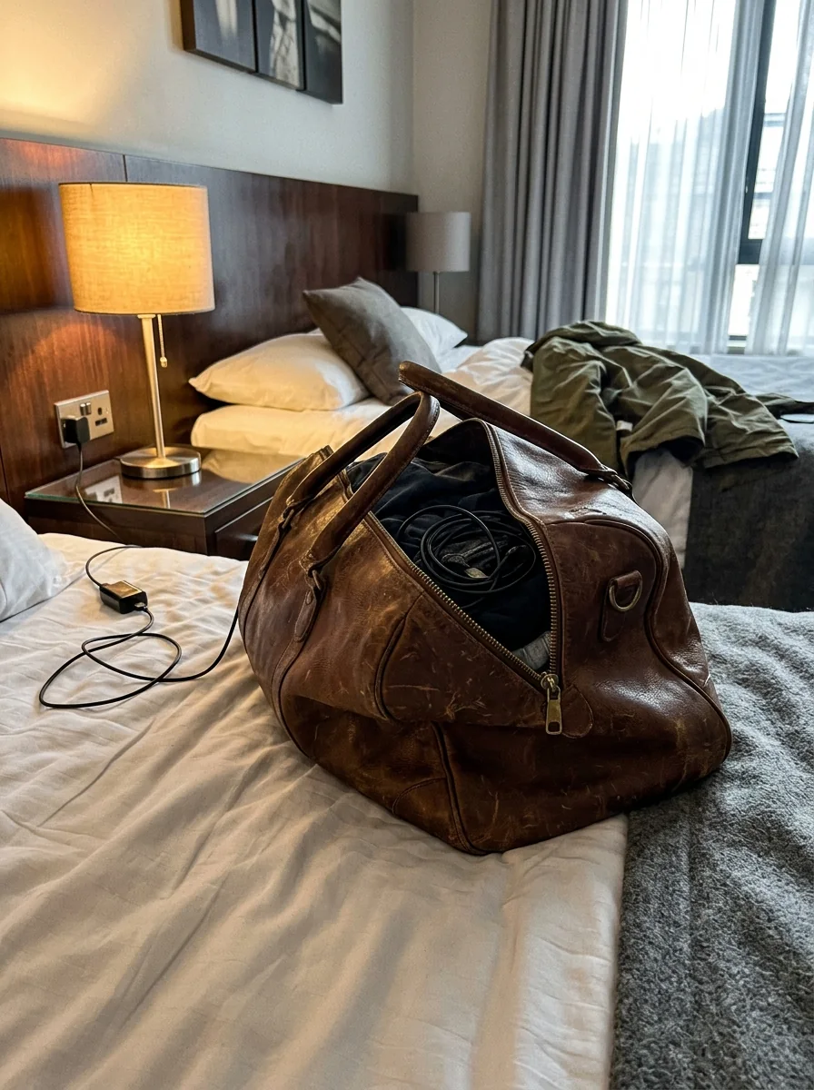 Brown leather duffle bag on a bed