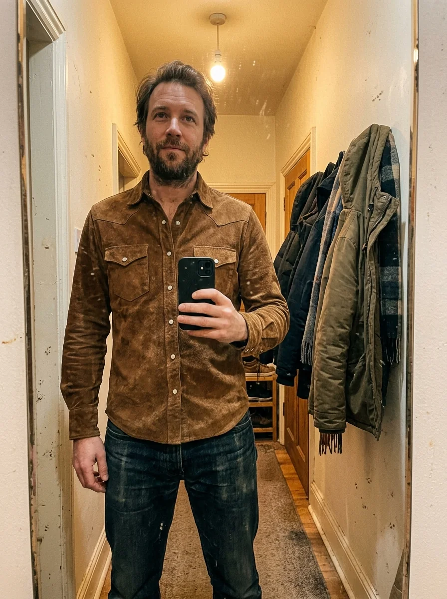 Man wearing a brown suede shirt jacket