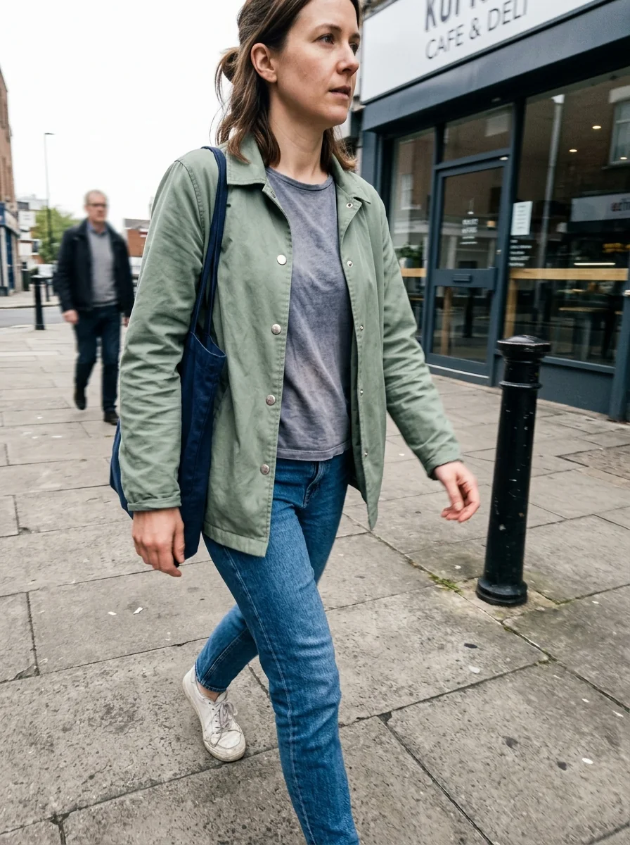 Woman wearing a sage utility jacket