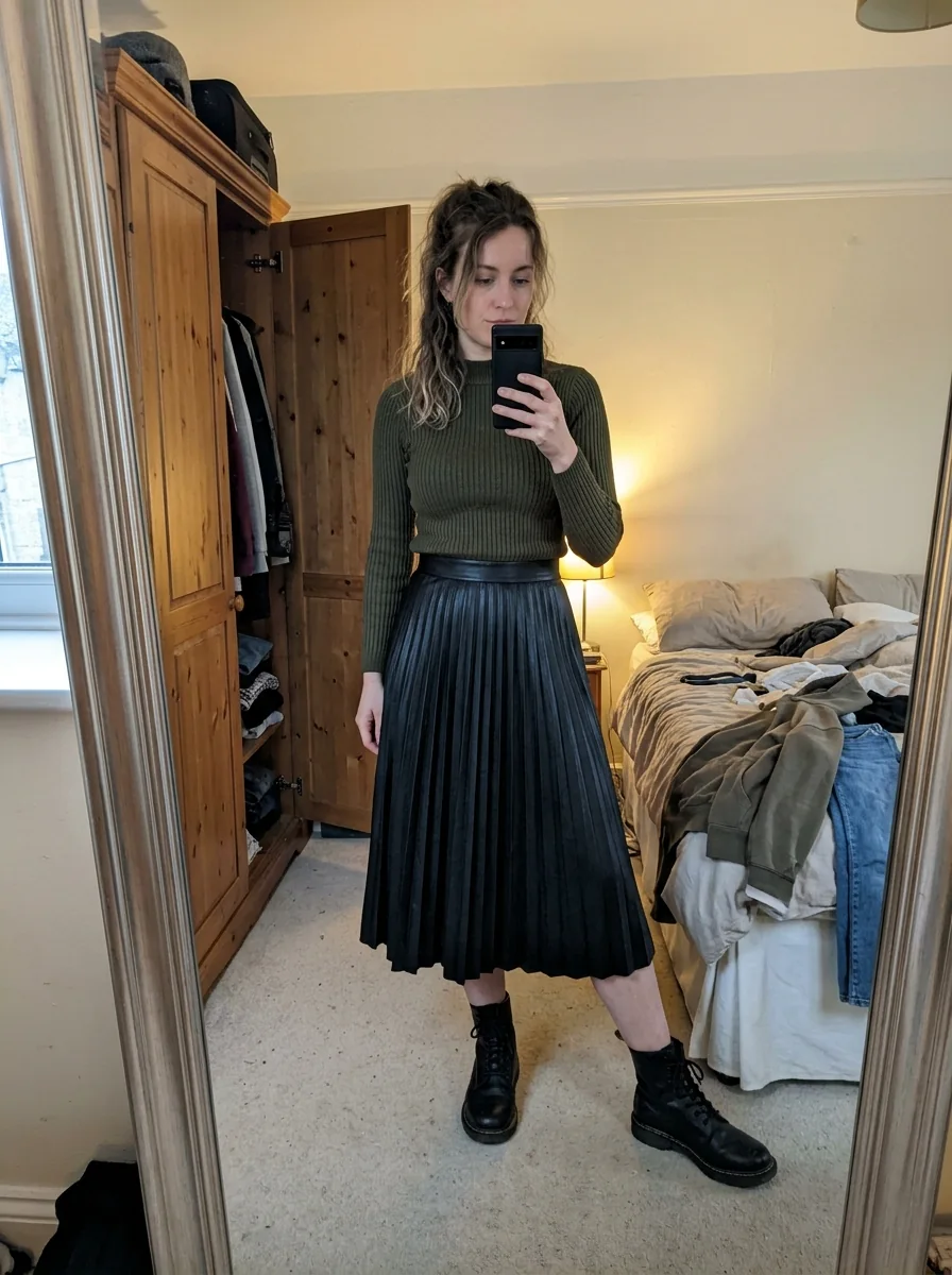 Woman wearing a black pleated midi skirt