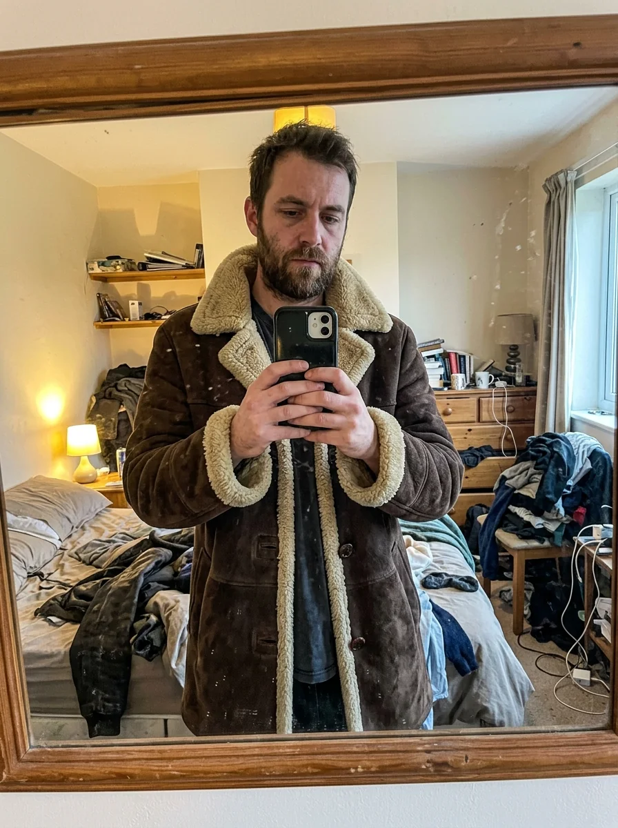 Man wearing a brown shearling coat