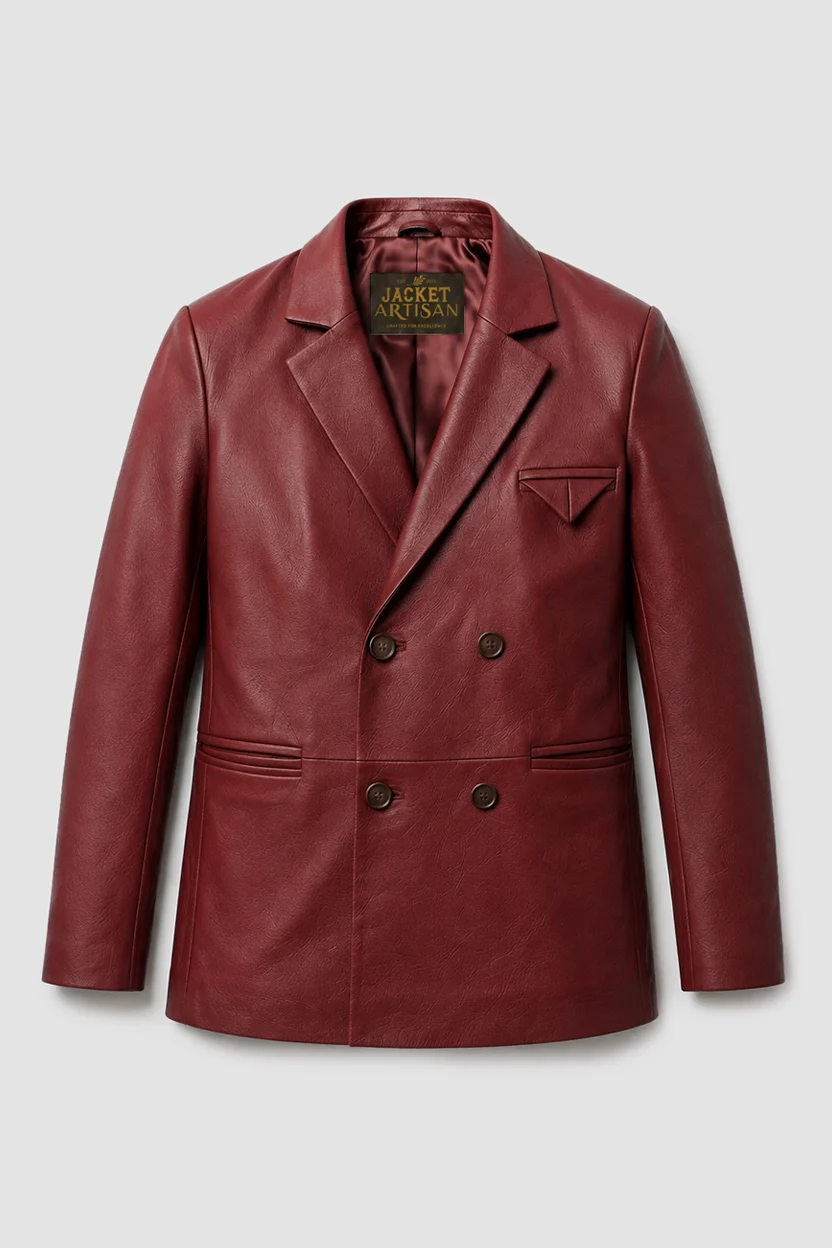 Men's Red Double Breasted Leather Blazer Front View Men's Red Double Breasted Leather Blazer Front View